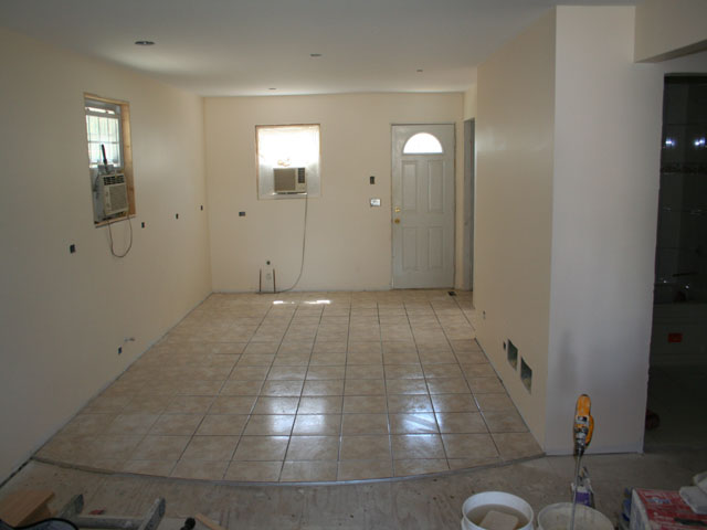 Kitchen during tile installation